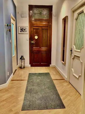 a hallway with a wooden door and a rug at València Experience Apartment in Valencia