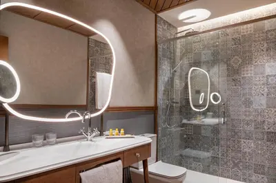 a bathroom with a shower and a sink and a toilet at Palacio Santa Clara, Autograph Collection in Valencia