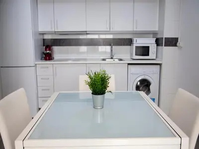 a kitchen with a table with a potted plant on it at Flats Friends Tetuan in Valencia
