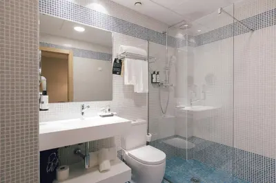 a bathroom with a sink and a toilet and a shower at Palau Suites & Apartments in Valencia