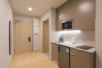 a kitchen with a sink and a refrigerator at Palau Suites & Apartments in Valencia