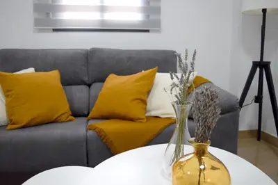 a vase of flowers on a table in front of a couch at Natura Apartments in Chelva