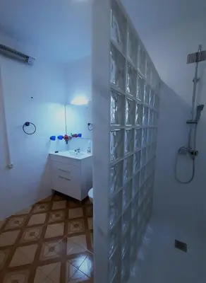 a white bathroom with a sink and a shower at Casa Loro Loco B&B in Pedralba