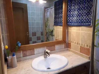 a bathroom with a sink and a mirror at CASITA RUSTICA DE INVITADOS (NEXT TO XATIVA) in Sellent