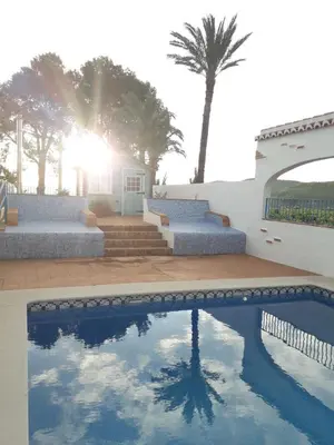 a pool with a reflection of a palm tree in the water at CASITA RUSTICA DE INVITADOS (NEXT TO XATIVA) in Sellent