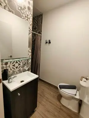a bathroom with a sink and a toilet and a mirror at Pequeño Alojamiento con Mini Piscina - NO climatizada in Valencia