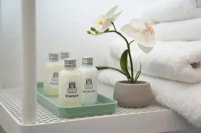 a bathroom shelf with two bottles of soap and a flower at Soraya's Place - Chopín 4 in Valencia