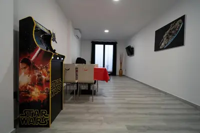 a hallway with a star wars room with a table at Star Anna in Anna