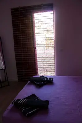 a bedroom with a bed with purple sheets and a window at Colors Rooms in Valencia
