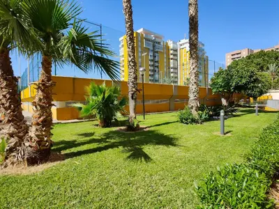 a park with palm trees in front of a building at Global Vacacional, Apartamento con buenas vistas en Canet playa in Canet de Berenguer