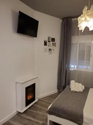 a bedroom with a bed and a fireplace at Intimo y Acogedor 