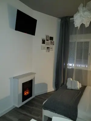 a living room with a fireplace and a tv at Intimo y Acogedor 
