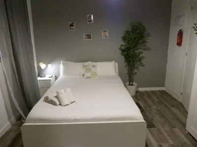 a small bedroom with a white bed with a plant at Intimo y Acogedor 