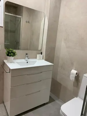 a bathroom with a sink and a mirror and a toilet at UIM Mediterraneo PB Aragon B Wifi in Puerto de Sagunto