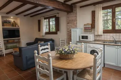 a kitchen and living room with a table with flowers on it at Masía de San Juan Casas número 3 y 5, con piscina, aire acondicionado y vistas a la montaña in Segorbe