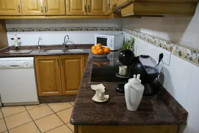 a kitchen with a counter with a sink and a stove at Casa de Pueblo El Patio de las Cebollas in Segorbe
