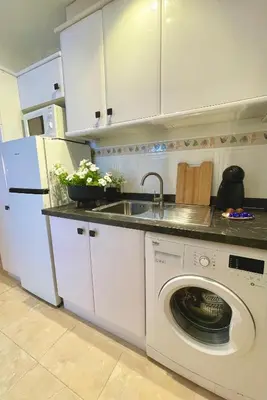a kitchen with a washing machine and a sink at Apartamento Mar y Montaña in Cullera