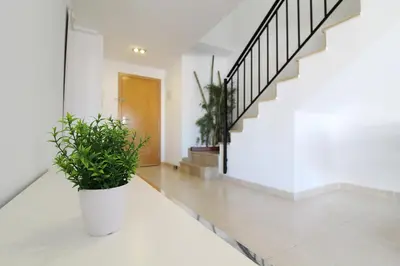 a hallway with two potted plants and a staircase at Global Vacacional, Impresionante ático para 8 personas en Canet d'en Berenguer in Canet de Berenguer