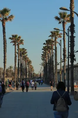 people walking down a street with palm trees at ÁTICO PATACONA BEACH PLAYA in Valencia