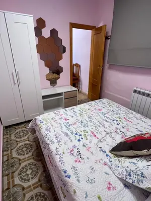 a bedroom with a bed and a pink wall at Villa Barby in Lliria