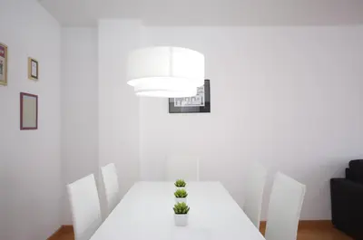 a white dining room table with a potted plant on it at Apartamentos Port in Valencia