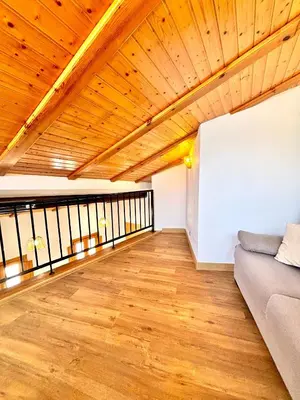 a living room with a couch and a wooden ceiling at Casa del Carmen in Valencia
