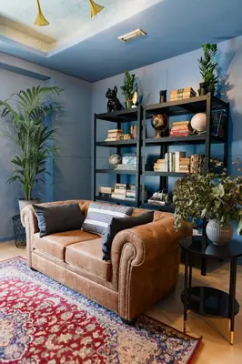 a brown couch in a living room with a book shelf at The Little Corner B&B in Valencia