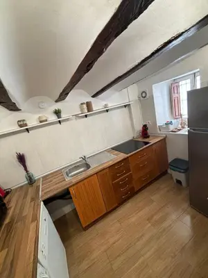 a kitchen with a sink and a refrigerator at EL RINCÓN deMANUELA in Requena