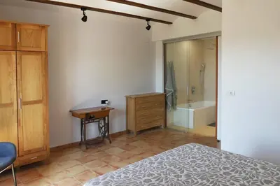 a bedroom with a bed and a desk and a shower at Ca Buganvilla. El corazón de la huerta valenciana in Meliana