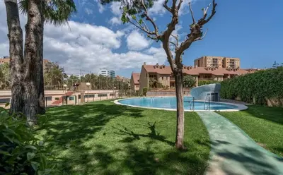 a swimming pool in a park with palm trees at Palau 2 in Valencia