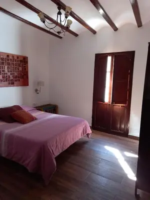 a bedroom with a bed and a wooden door at La Gata Mala in Navarrés