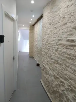a hallway with a stone wall and a white door at SERRANO Home in Valencia