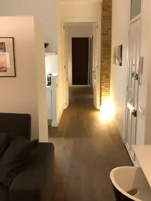 a living room with a couch and a hallway at Impresionante apartamento en Ruzafa al lado del mercado in Valencia