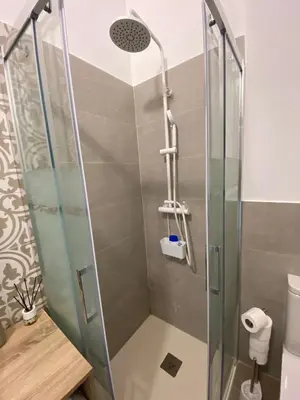 a shower with a glass door in a bathroom at Apartamento Casa Anselmo La cambra in Losa del Obispo