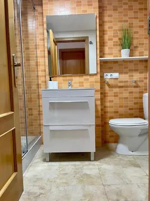 a bathroom with a sink and a toilet and a mirror at UIM Mediterraneo PB Felipe 2 Wifi in Puerto de Sagunto