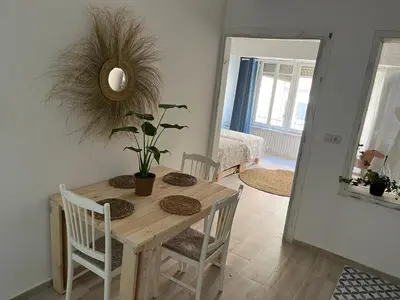 a dining room table and chairs with a plant on it at Alzira bonita Loft C junto plaza mayor, Les Muralles in Alzira