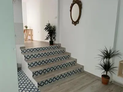 a stairway with two potted plants and a mirror at Alzira bonita Apartamento D junto a Plaza Mayor, Santa Catalina in Alzira