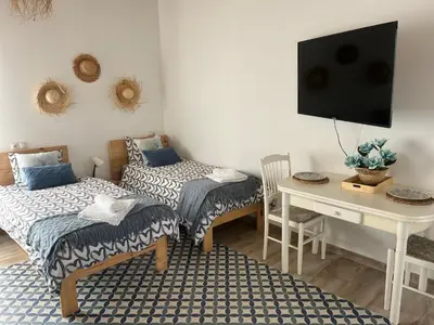 a room with two twin beds and a desk with a television at Alzira bonita Ático E Plaza Mayor con gran terraza in Alzira