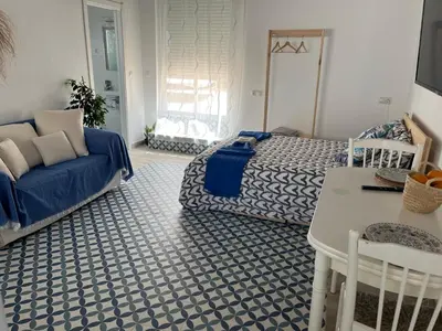 a living room with a bed and a couch at Alzira bonita Ático E Plaza Mayor con gran terraza in Alzira