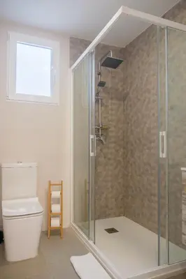 a bathroom with a shower with a toilet and a window at Modern Penthouse with Private Terrace in Valencia