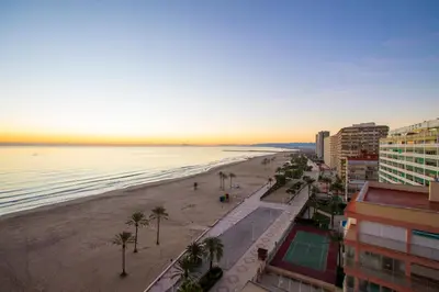a view of a beach with palm trees and the ocean at PRIMERISIMA LINEA DE PLAYA - CULLERA BAHIA DE LOS NARANJOS I in Cullera
