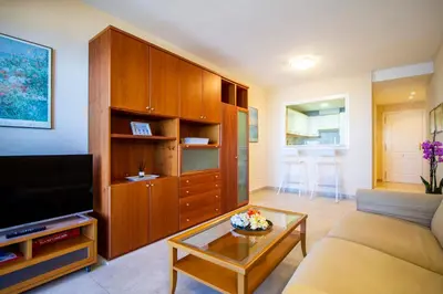 a living room with a couch and a tv at ESPACIO 16 - Primera LINEA PLAYA in Cullera