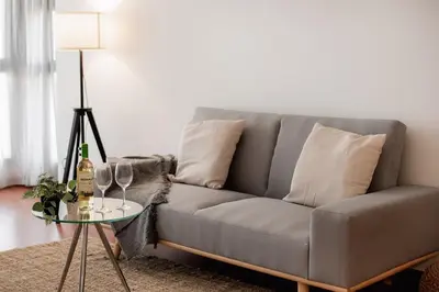 a grey couch with pillows and a table with wine glasses at Apartamentos FV Flats Valencia - San Felipe Neri in Valencia