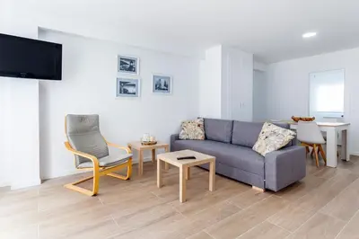 a living room with a couch and chairs and a tv at Ático con espectacular terraza y vistas al mar in El Perelló