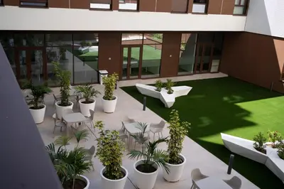 an empty courtyard with potted plants in a building at micampus Avenida del Puerto - Residencia de Estudiantes in Valencia