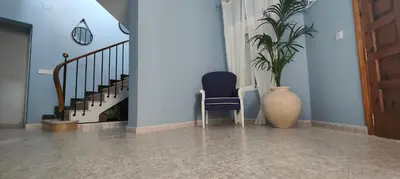 a blue room with a chair and a potted plant at CHALET VILLA Los HIPOCAMPOS in Cullera