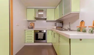 a kitchen with green cabinets and a sink at Luxotica Gardens Valencia in Valencia