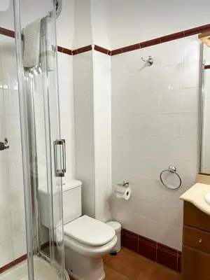 a bathroom with a toilet and a glass shower at Apartamentos La Muela - Chulilla in Chulilla