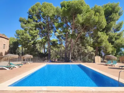 a swimming pool with trees in the background at MASÍA de SAN JUAN CASA NÚMERO 15 en Castillo con piscina, Aire Acondicionado y terraza privada in Segorbe