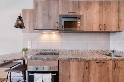 a kitchen with wooden cabinets and a sink and a microwave at Livensa Living Studios Valencia Marina Real Hotel-Apartamento in Valencia